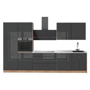 Küchenzeile Fame-Line Anthrazit Hochglanz/Goldkraft Eiche 340 cm, AP Marmor Vicco