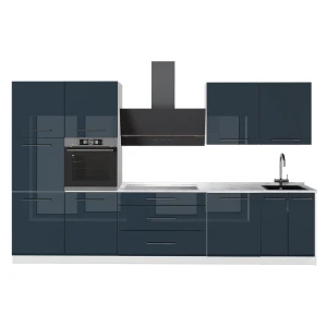 Cuisine Fame-Line Bleu foncé brillant/Blanc 340cm, PT Marbre Vicco