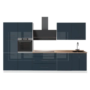 Cuisine Fame-Line Bleu foncé brillant/Blanc 340cm, PT Chêne Vicco