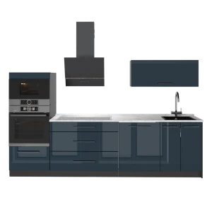 Cuisine Fame-Line Bleu foncé brillant/Anthracite 280cm, PT Marbre Vicco