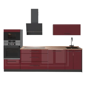 Complete keukeneenheid Fame-Line Bordeauxrode hoogglans/Antraciet 280 cm, WB Eik Vicco