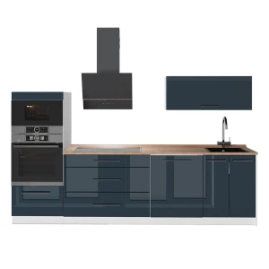 Cucina componibile Fame-Line Blu scuro lucido/Bianco 280 cm, PL Rovere Vicco