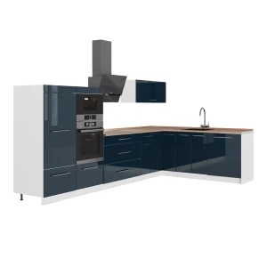 Hoekkeuken Fame-Line Donkerblauw hoogglans/Wit 347 x 207 cm, WB Eik Vicco