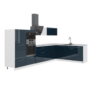 Hoekkeuken Fame-Line Donkerblauw hoogglans/Wit 347 x 207 cm, WB Marmer Vicco