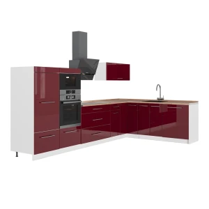 Hoekkeuken Fame-Line Bordeauxrode hoogglans/Wit 347 x 207 cm, WB Eik Vicco
