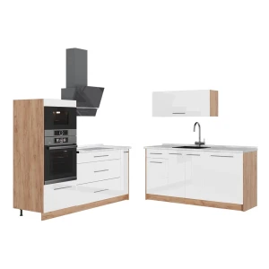 Kuchnia Fame-Line Biały wysoki połysk/Dąb goldkraft 340 cm, BP Marmur Vicco