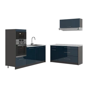 Küchenzeile Fame-Line Dunkelblau Hochglanz/Anthrazit 340 cm, AP Marmor Vicco