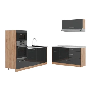 Küchenzeile Fame-Line Anthrazit Hochglanz/Goldkraft Eiche 340 cm, AP Marmor Vicco