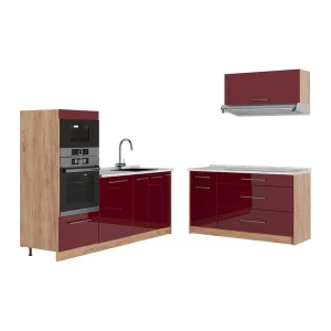 Cucina Fame-Line Bordeaux lucido/Rovere dorato 340 cm, PL Marmo Vicco