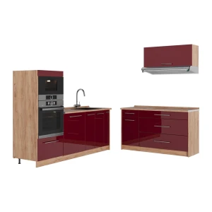 Cucina Fame-Line Bordeaux lucido/Rovere dorato 340 cm senza piano di lavoro Vicco