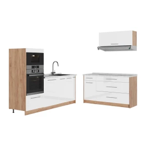 Cucina Fame-Line Bianco lucido/Rovere dorato 340 cm, PL Marmo Vicco