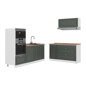 Küchenzeile Fame-Line Grün-Gold Landhaus/Weiß 340 cm, AP Marmor Vicco