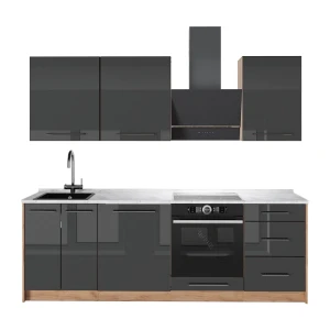 Zabudowa kuchenna Fame-Line Antracyt połysk/Dąb goldkraft 230 cm, BP Marmur Vicco