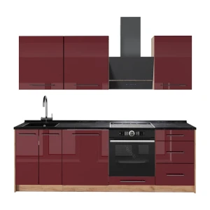 Cuisine Fame-Line Rouge bordeaux Haute brillance/Chêne de force doré 230cm, PT Anthracite Vicco