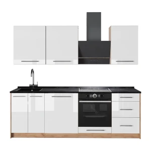 Küchenzeile Fame-Line Weiß Hochglanz/Goldkraft Eiche 230 cm, AP Anthrazit Vicco