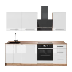 Küchenzeile Fame-Line Weiß Hochglanz/Goldkraft Eiche 230 cm, AP Eiche Vicco