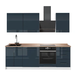 Cuisine Fame-Line Bleu foncé brillant/Blanc 230cm, PT Chêne Vicco