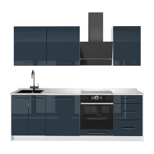 Cuisine Fame-Line Bleu foncé brillant/Blanc 230cm, PT Marbre Vicco
