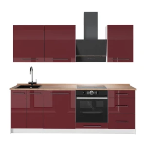 Cuisine Fame-Line Rouge bordeaux Haute brillance/Blanc 230cm, PT Chêne Vicco