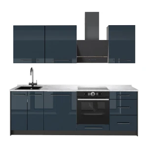 Cuisine Fame-Line Bleu foncé brillant/Anthracite 230cm, PT Marbre Vicco