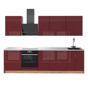Zabudowa kuchenna Fame-Line Bordowy wysoki połysk/Dąb goldkraft 280 cm, BP Marmur Vicco