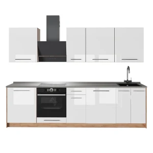 Zabudowa kuchenna Fame-Line Biały wysoki połysk/Dąb goldkraft 280 cm, BP Marmur Vicco