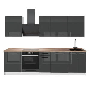 Cuisine Fame-Line Anthracite Haute brillance/Blanc 280cm, PT Chêne Vicco