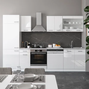 Küchenzeile R-Line Weiß Hochglanz/Weiß 300 cm , AP Marmor livinity®