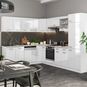 Eckküche R-Line Weiß Hochglanz/Weiß 287 x 227 cm, AP Marmor livinity®