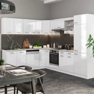 Eckküche R-Line Weiß Hochglanz/Weiß 287 x 227 cm ohne Arbeitsplatte livinity®