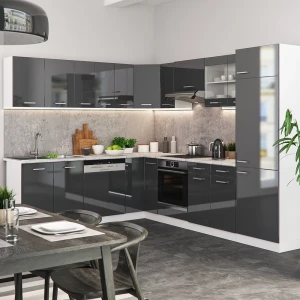 Eckküche R-Line Anthrazit Hochglanz/Weiß 287 x 227 cm ohne Arbeitsplatte livinity®