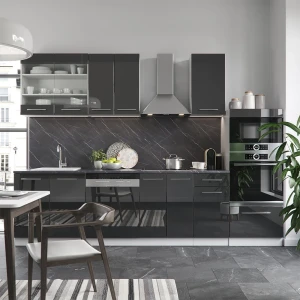 Küchenzeile Fame-Line Anthrazit Hochglanz 300 cm mit Hochschrank, ohne Arbeitsplatte livinity®