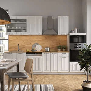 Küchenzeile Fame-Line Weiß Landhaus/Weiß 300 cm mit Hochschrank, ohne Arbeitsplatte livinity®