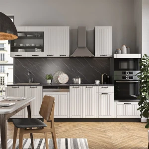 Küchenzeile Fame-Line Weiß Landhaus/Anthrazit 300 cm mit Hochschrank, ohne Arbeitsplatte livinity®