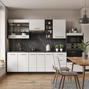 Küchenzeile Fame-Line Weiß Hochglanz/Anthrazit 280 cm ohne Arbeitsplatte livinity®