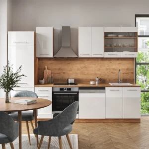 Küchenzeile Fame-Line Weiß Hochglanz/Goldkraft Eiche 300 cm ohne Arbeitsplatte livinity®