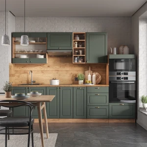 Küchenzeile Fame-Line Grün-Gold Landhaus/Goldkraft Eiche 280 cm ohne Arbeitsplatte livinity®