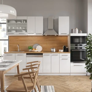 Küchenzeile Fame-Line Weiß Hochglanz/Weiß 300 cm mit Hochschrank, AP Marmor livinity®