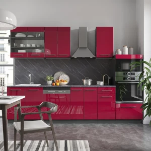 Küchenzeile Fame-Line Bordeaux Hochglanz/Anthrazit 300 cm mit Hochschrank, AP Marmor livinity®