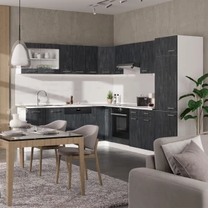 Eckküche R-Line Schwarz Beton/Weiß 287 x 227 cm AP Anthrazit livinity®