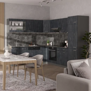 Eckküche R-Line Schwarz Beton/Anthrazit 287 x 227 cm AP Marmor livinity®