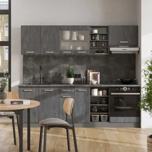 Küchenzeile R-Line Schwarz Beton/Anthrazit 240 cm AP Eiche livinity®