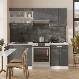 Küchenzeile R-Line Schwarz Beton/Weiß 200 cm AP Marmor livinity®
