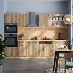 Küchenzeile R-Line Artisan-Eiche/Goldkraft Eiche 300 cm mit Hochschrank, AP Anthrazit livinity®