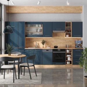 Küchenzeile Fame-Line Dunkelblau Hochglanz/Goldkraft Eiche 355 cm , AP Anthrazit livinity®