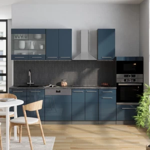 Küchenzeile Fame-Line Dunkelblau Hochglanz/Anthrazit 300 cm mit Hochschrank, AP Eiche livinity®