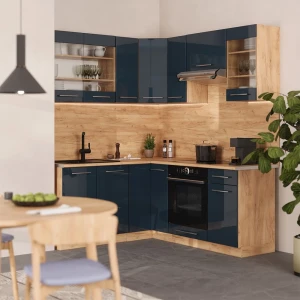 Eckküche Fame-Line Dunkelblau Hochglanz/Goldkraft Eiche 190 x 160 cm, AP Marmor livinity®