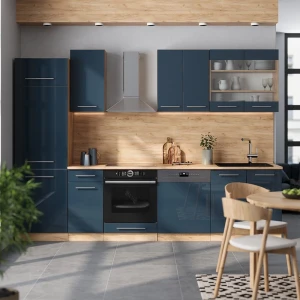 Küchenzeile Fame-Line Dunkelblau Hochglanz/Goldkraft Eiche 300 cm , AP Marmor livinity®