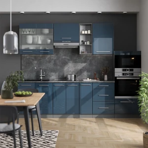 Küchenzeile Fame-Line Dunkelblau Hochglanz/Anthrazit 280 cm , AP Eiche livinity®