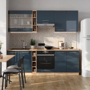 Küchenzeile Fame-Line Dunkelblau Hochglanz/Goldkraft Eiche 235 cm , AP Anthrazit livinity®